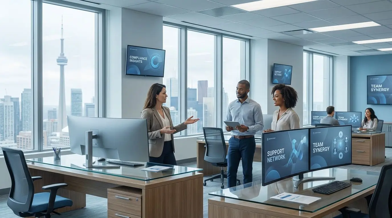 Canadian head office scene with corporate team and city backdrop