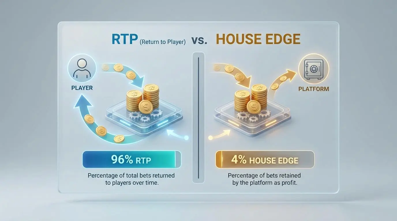 Infographic explaining RTP and house edge with money flow
