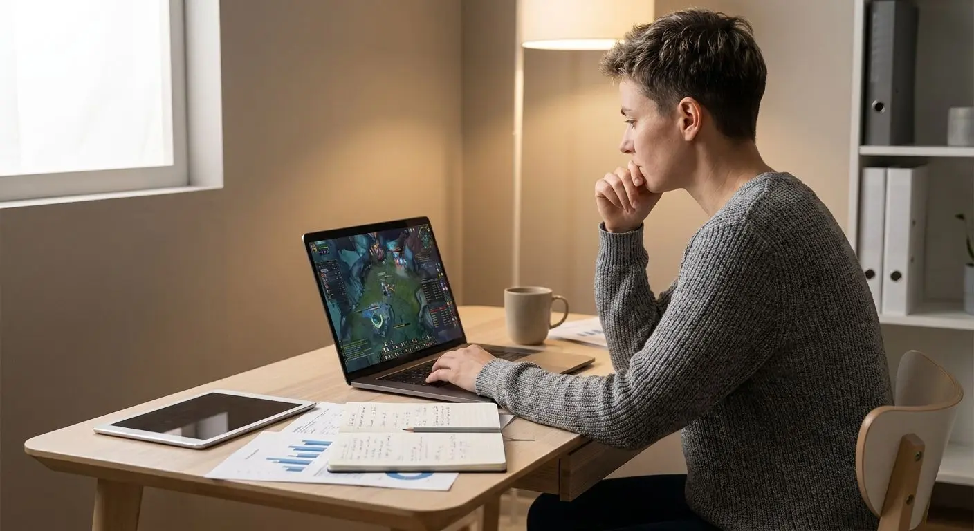 Author workspace illustration Fictional analyst reviewing an online bingo interface on a laptop