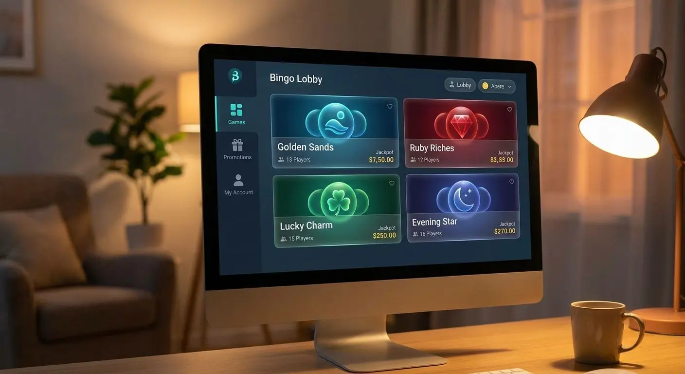 Online bingo lobby overview Online bingo lobby with multiple room options on screen