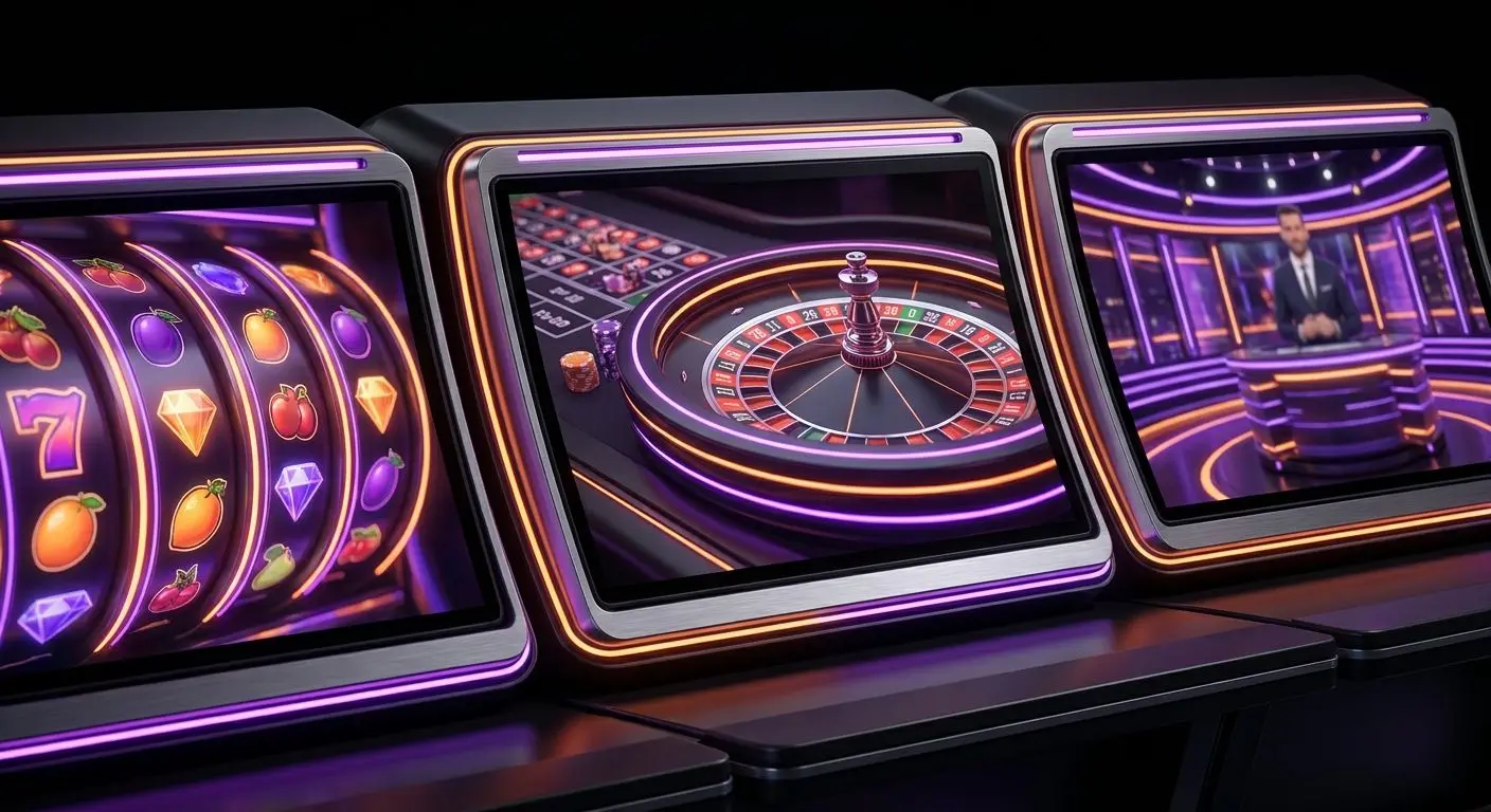 Collage showing slot, roulette and live game categories