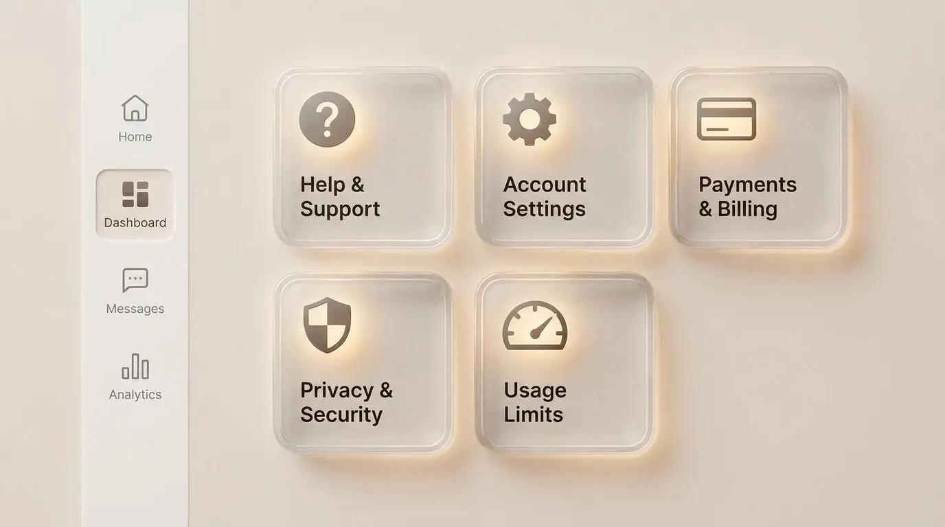 PlayOJO help directory navigation Help directory and account navigation icons on a digital dashboard