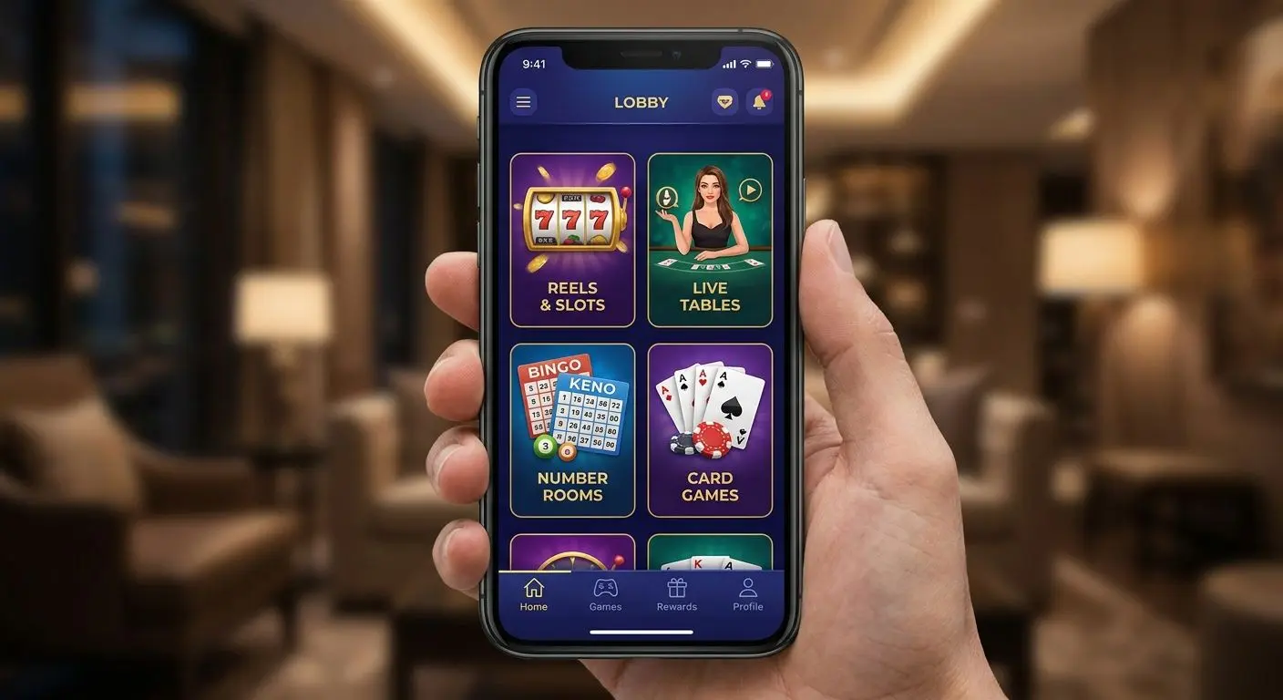 Mobile lobby with slots live tables and bingo style categories