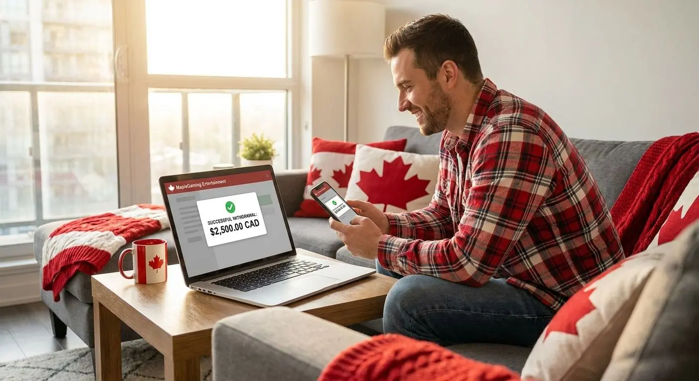 Canadian player viewing successful online withdrawal on laptop