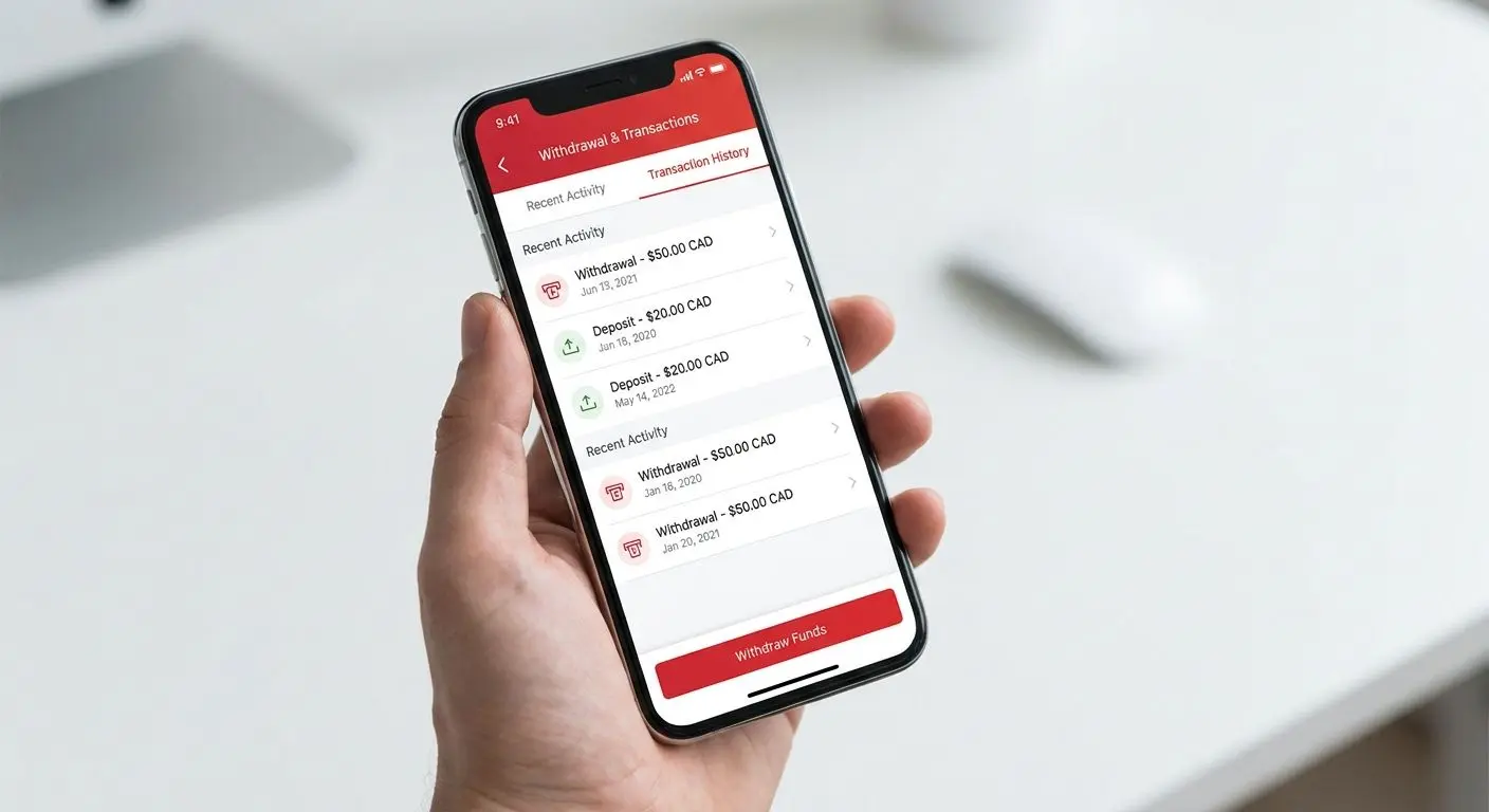 Mobile phone showing withdrawal page and transaction history
