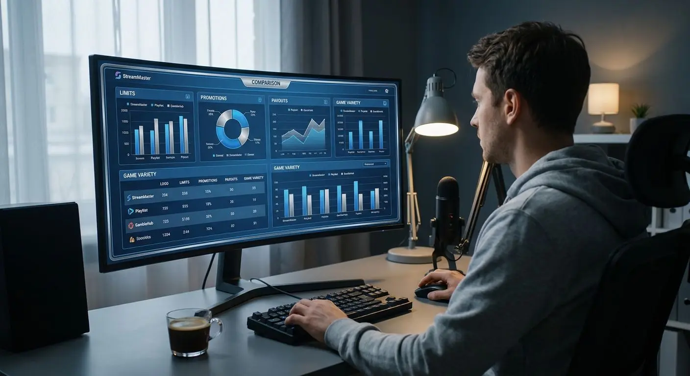 Player comparing online gaming platform features on screen