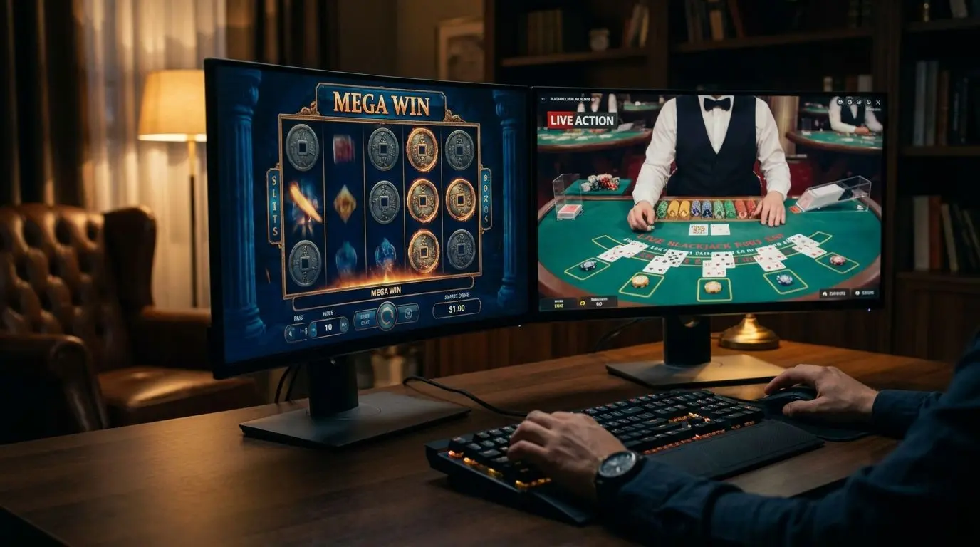 High-stakes slots and live table gaming setup on screen