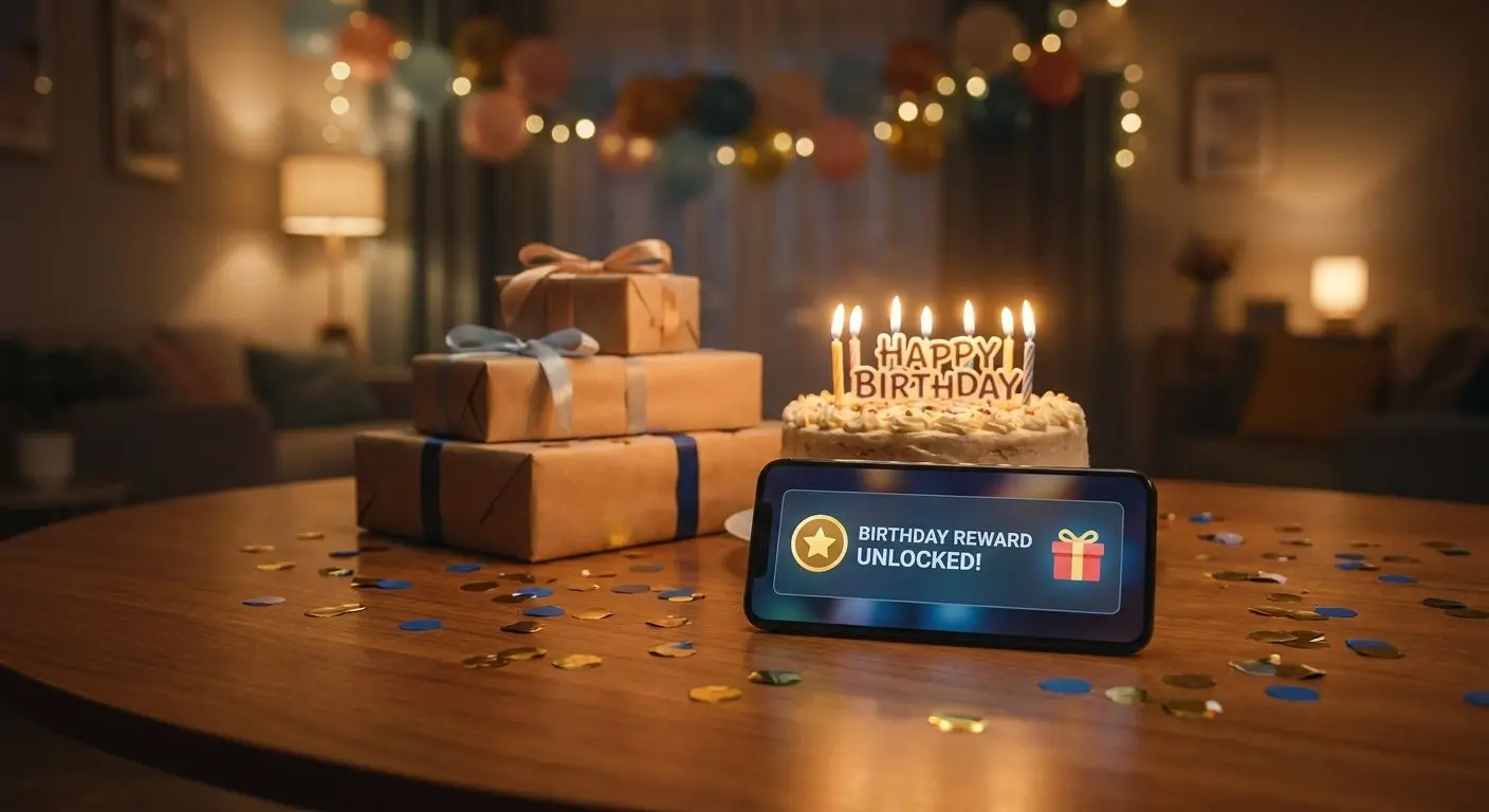 Birthday rewards scene with cake, gift box and digital bonus notification