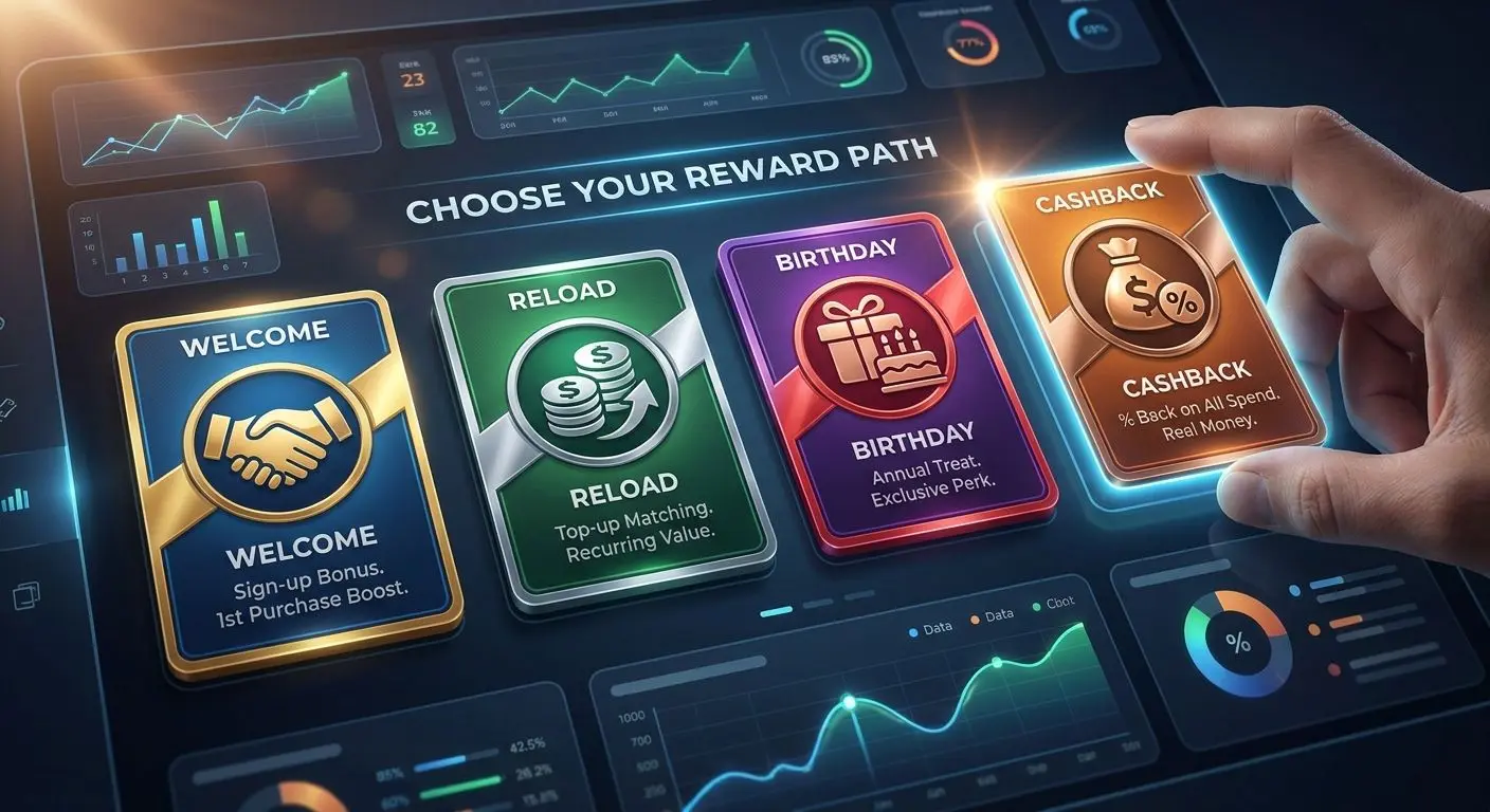 User comparing welcome, reload, birthday and cashback bonus types