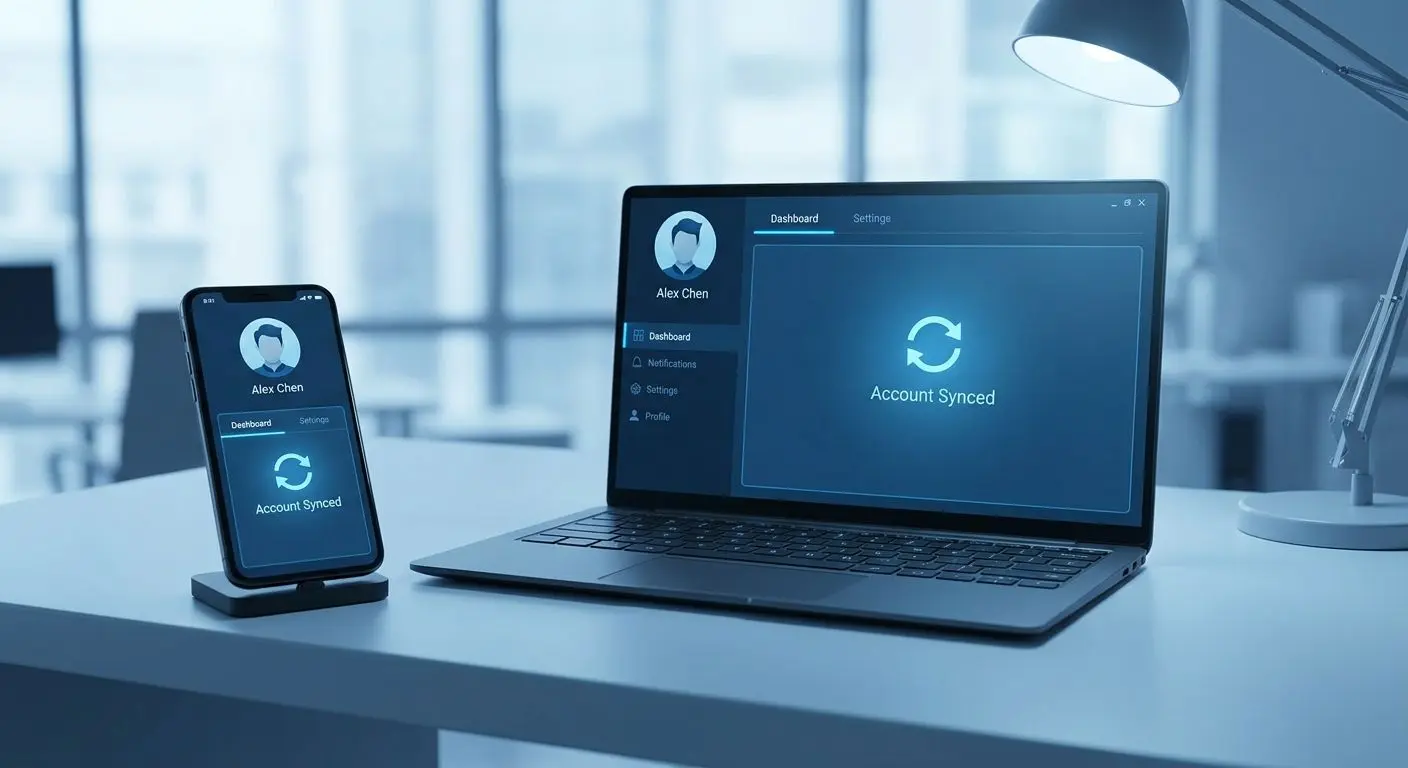 One account accessible on laptop and smartphone with synced login