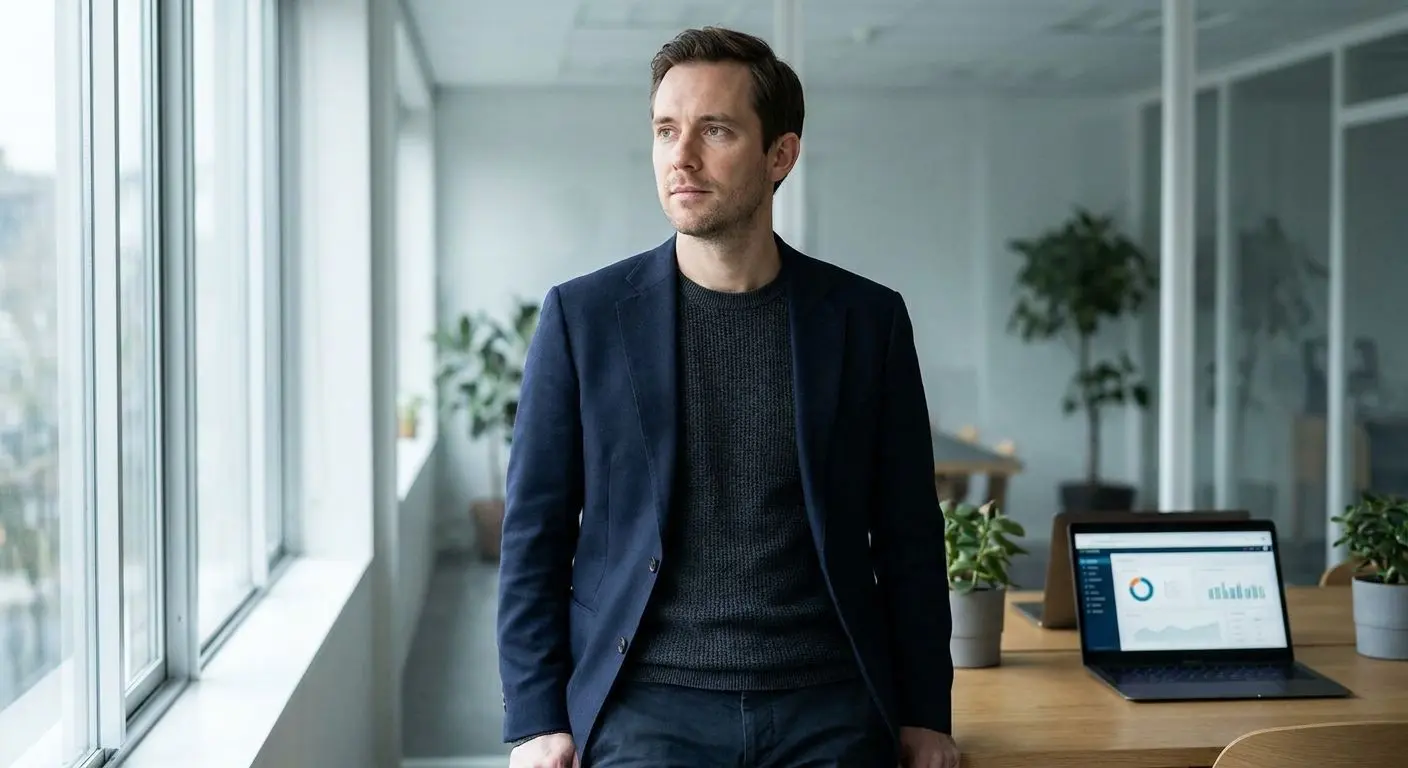 Fictional analyst portrait in a neutral office setting