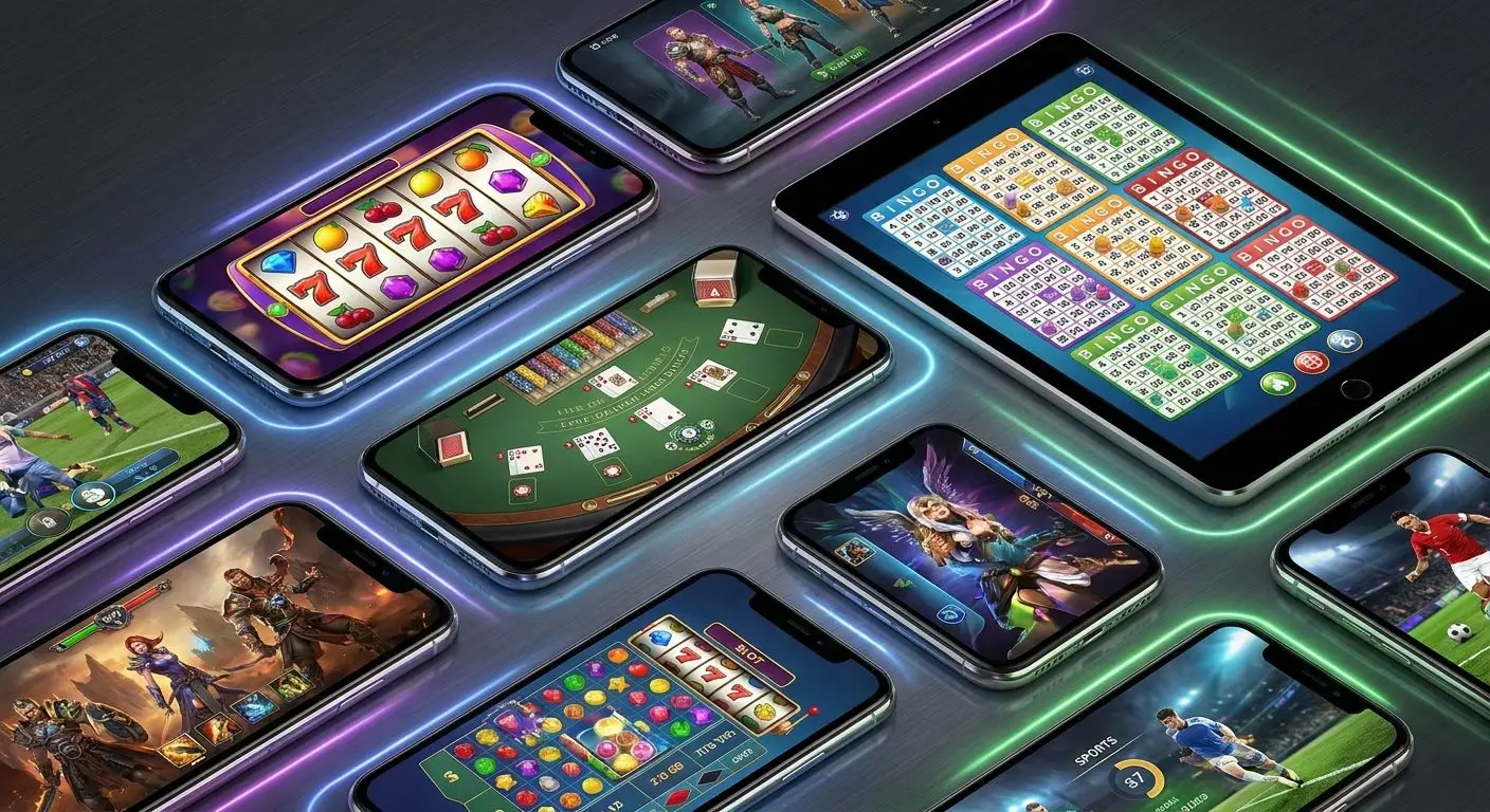 Multiple mobile screens showing different game categories