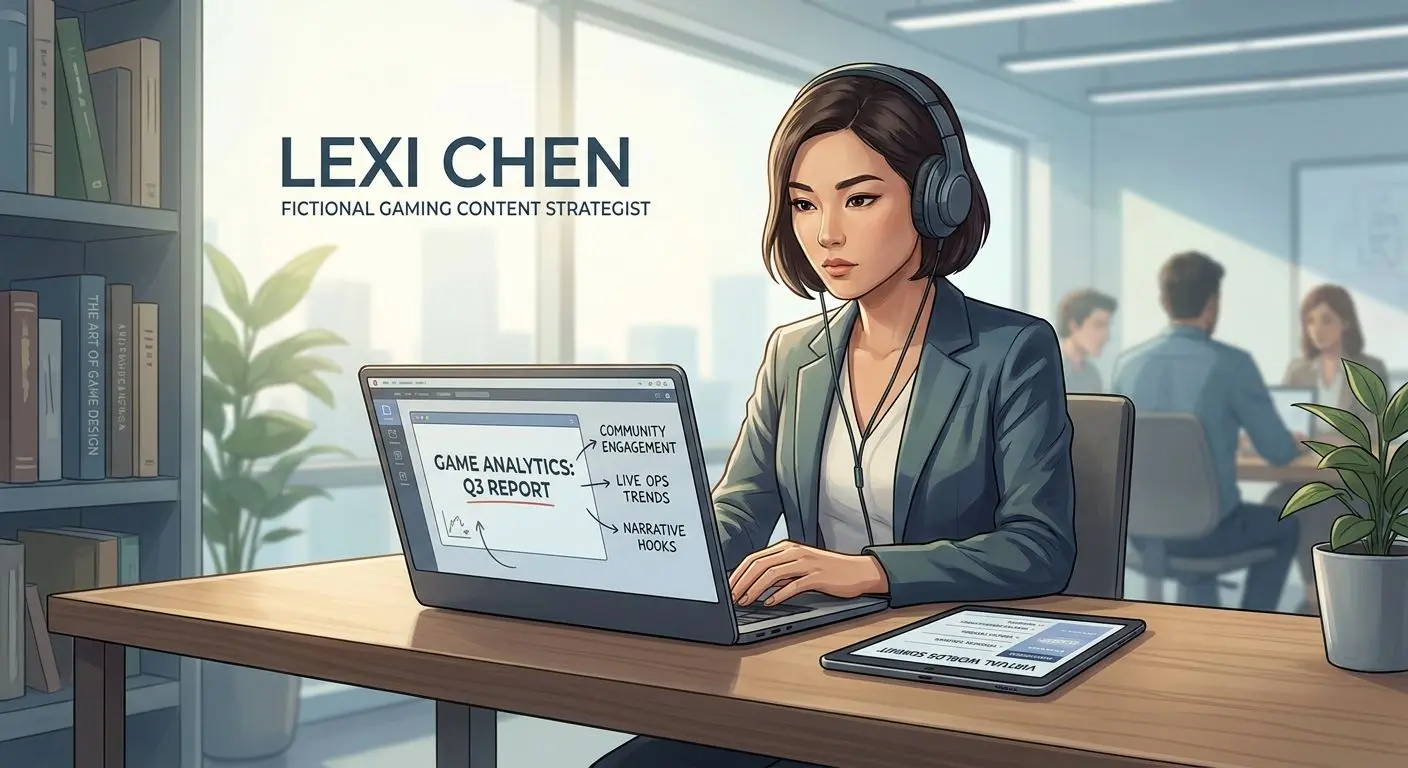 Fictional iGaming content expert working on a laptop