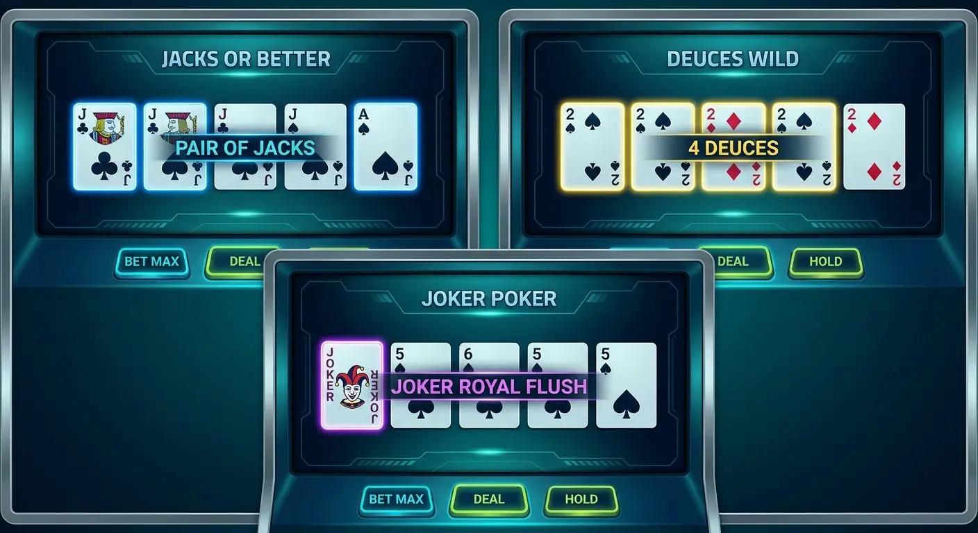 Collage of different video poker game variants on digital screens