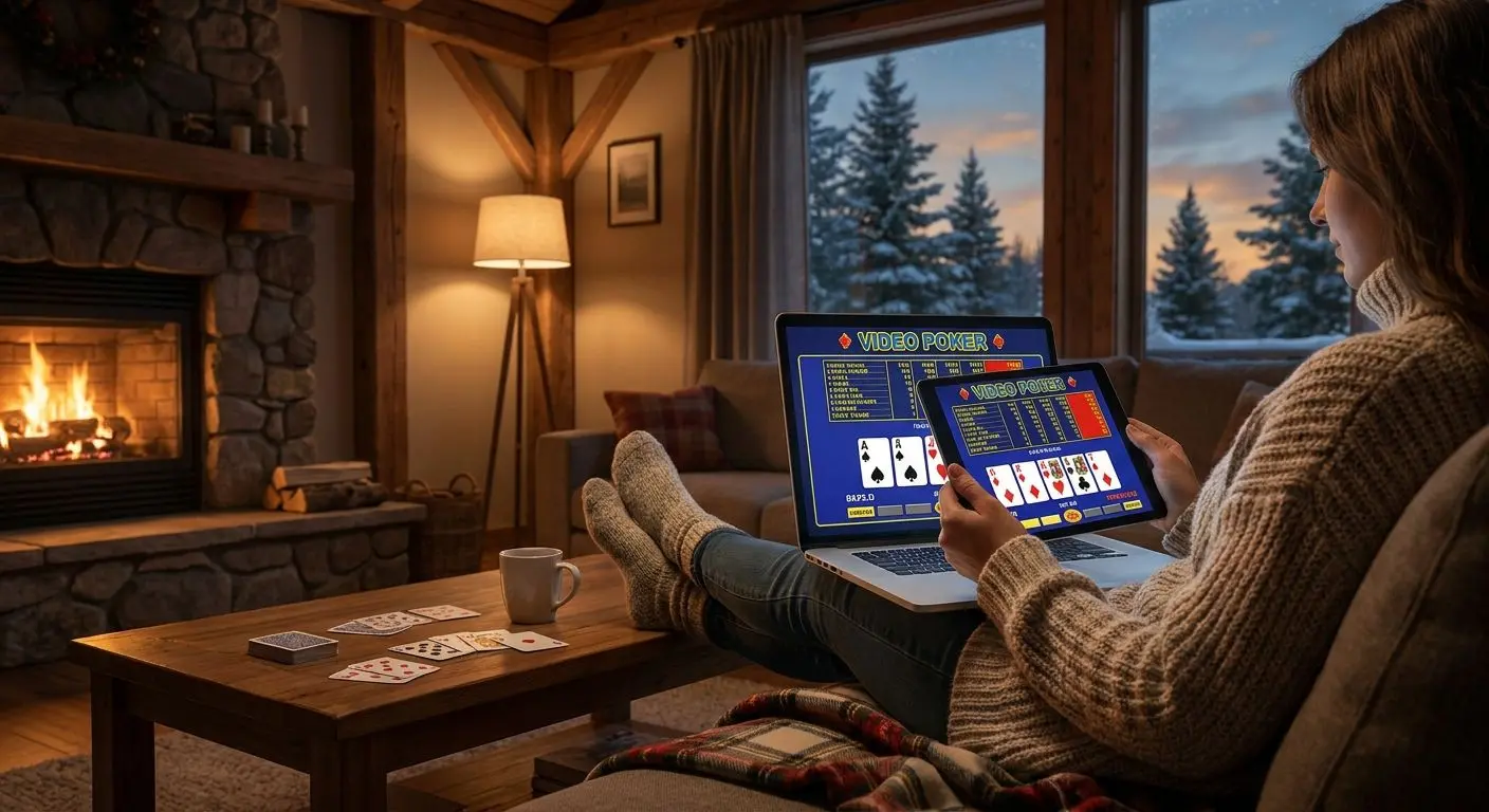 Player viewing a video poker game on laptop in a relaxed setting