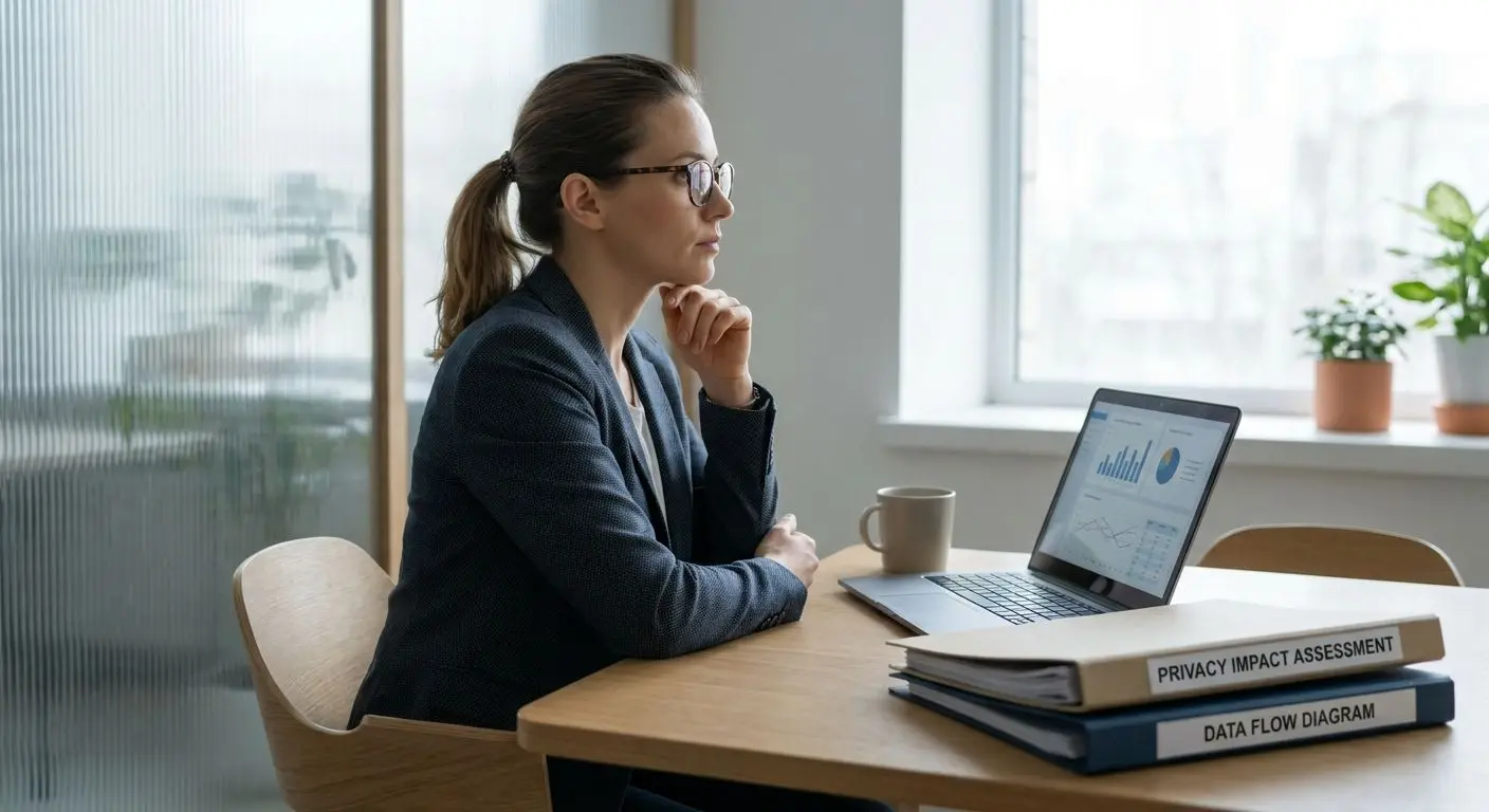 Privacy analyst working at desk with laptop and documents