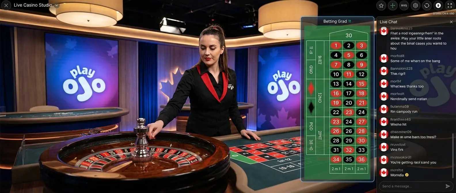 Live roulette table with dealer, wheel, betting interface and chat