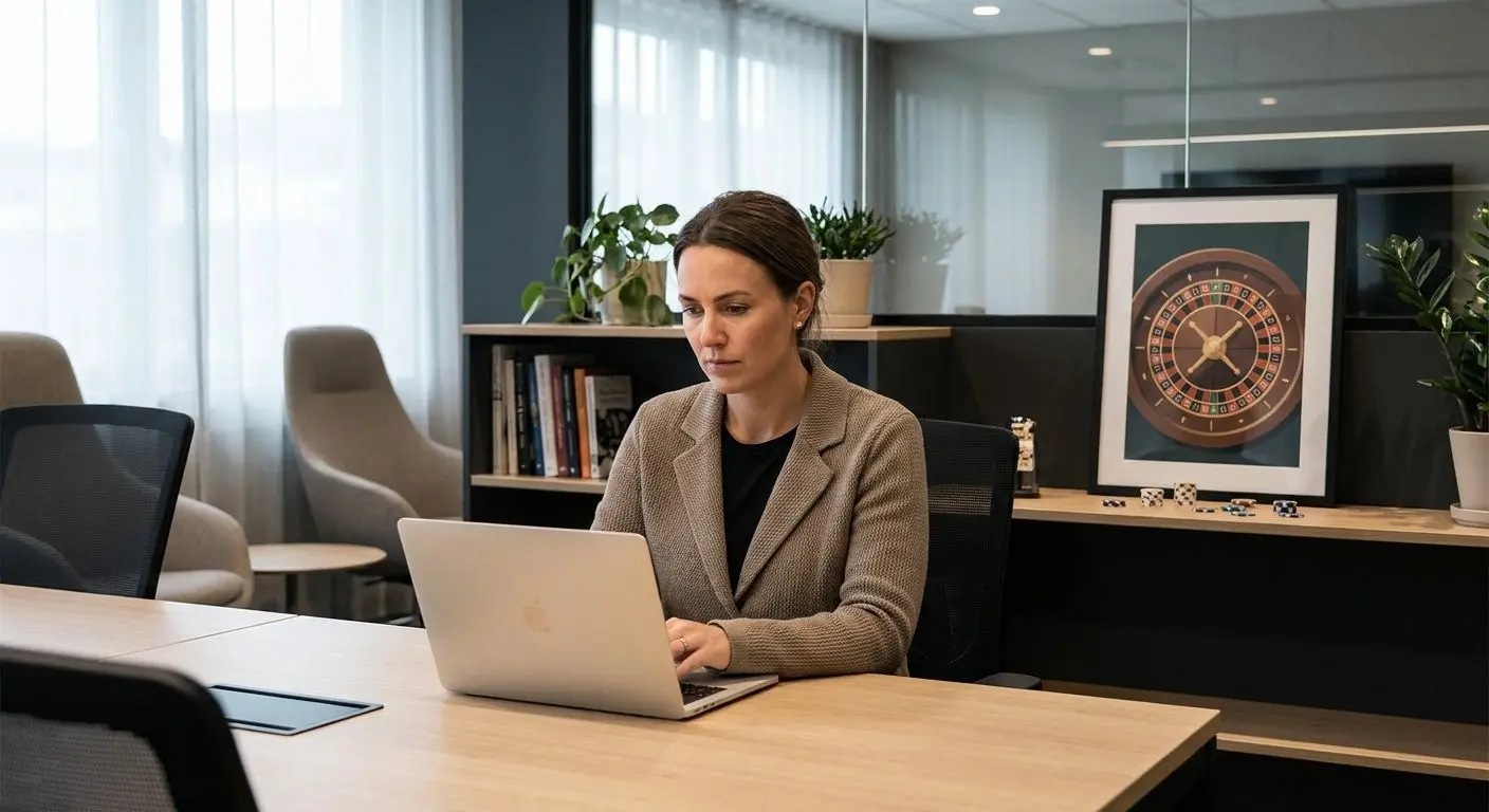 Fictional analyst at laptop with subtle roulette elements in background
