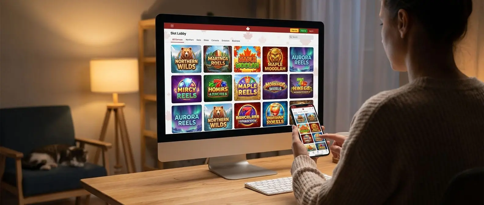 Online slot lobby with desktop and mobile view for Canadian players