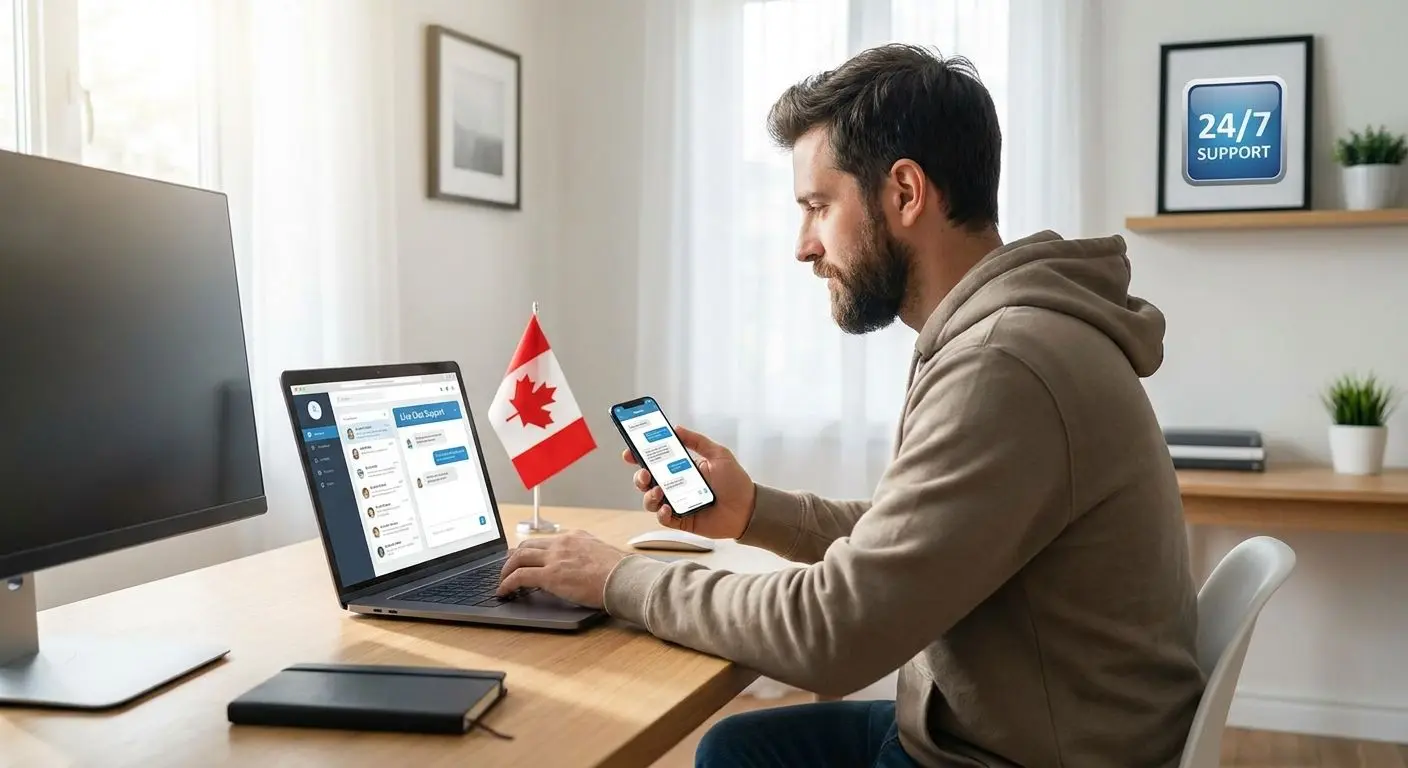 Canadian player using live chat support on laptop and phone