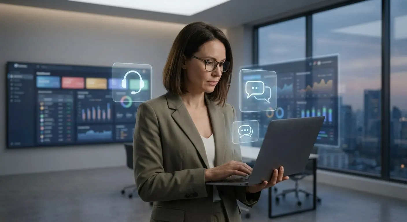 Analyst reviewing support data on a laptop with charts