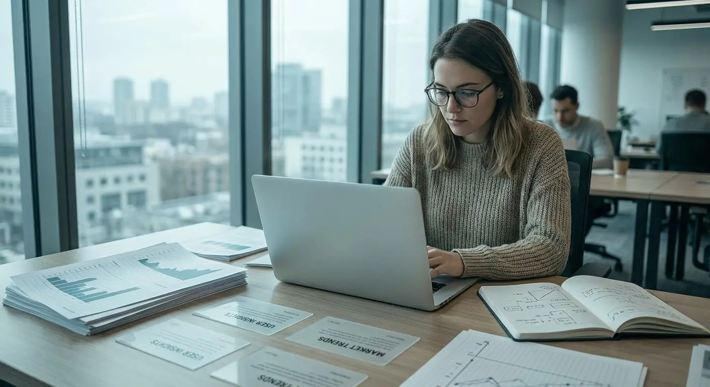 Fictional analyst reviewing user feedback on a laptop