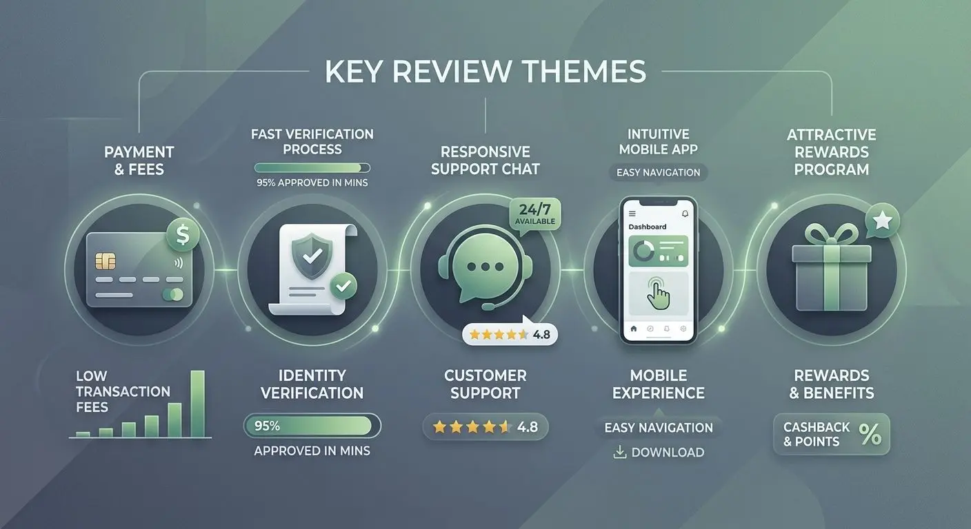 Infographic of main player review topics such as payments, support, and verification