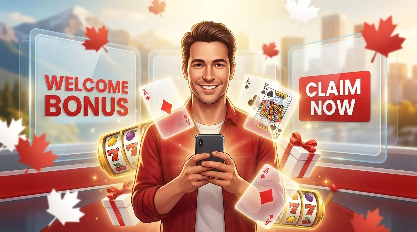 Canadian welcome bonus illustration with player and game icons