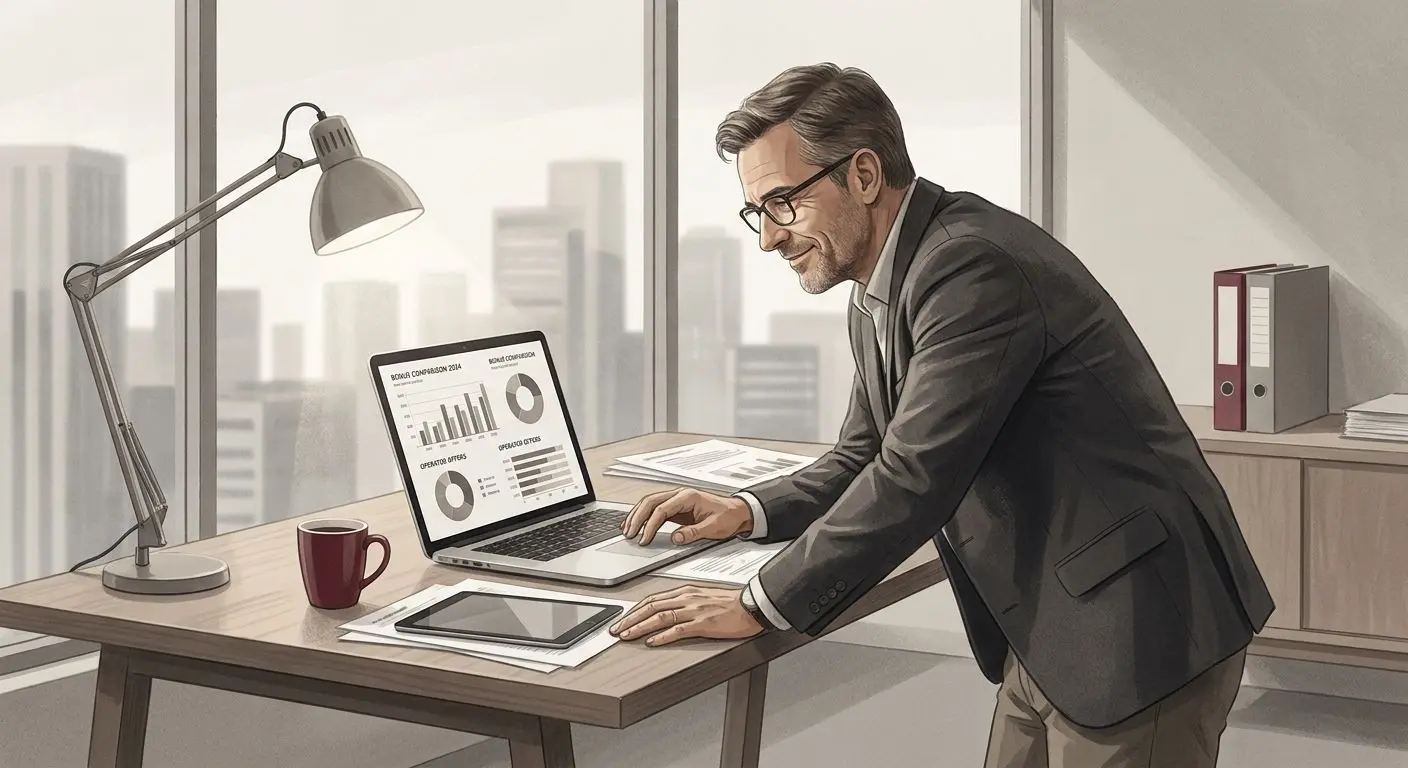 Fictional analyst reviewing online bonus comparisons on a laptop